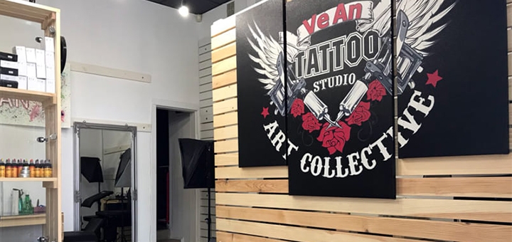 Tattoo salon VeAn in Lutsk. Stock.