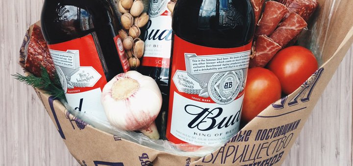 Bouquets for men with beer "Fruits & Flowers Market" in the Dnieper. Buy on the stock.